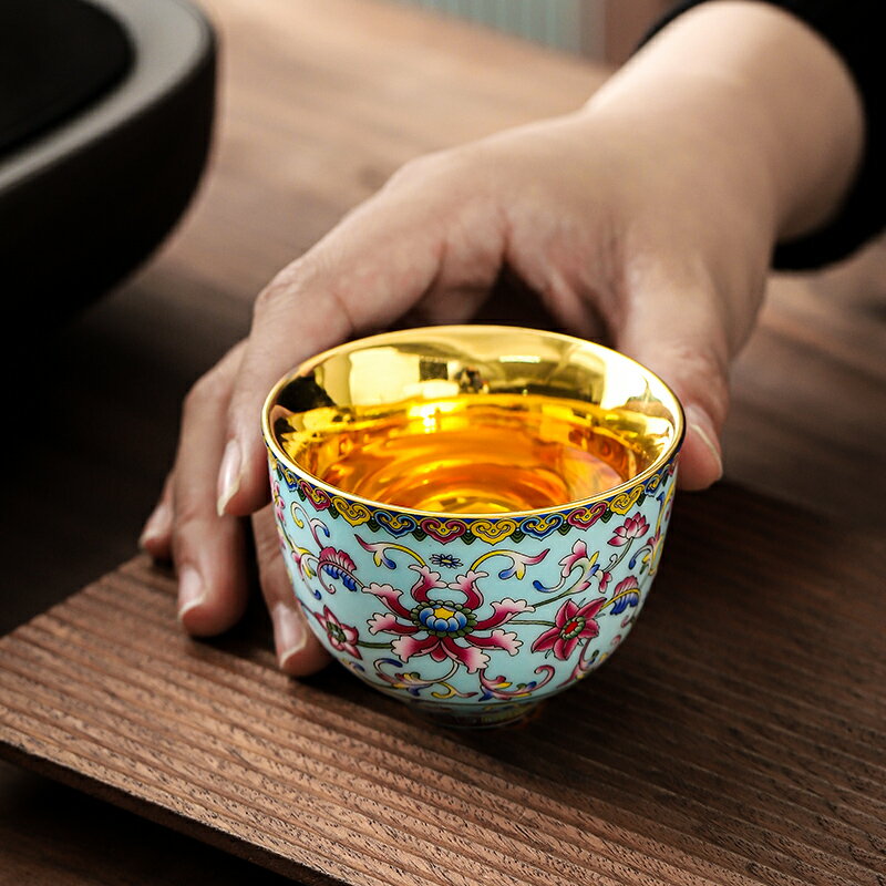 中式宮廷風鎏金琺瑯彩個人茶杯德化陶瓷喝茶品茗杯厚底手心主人杯