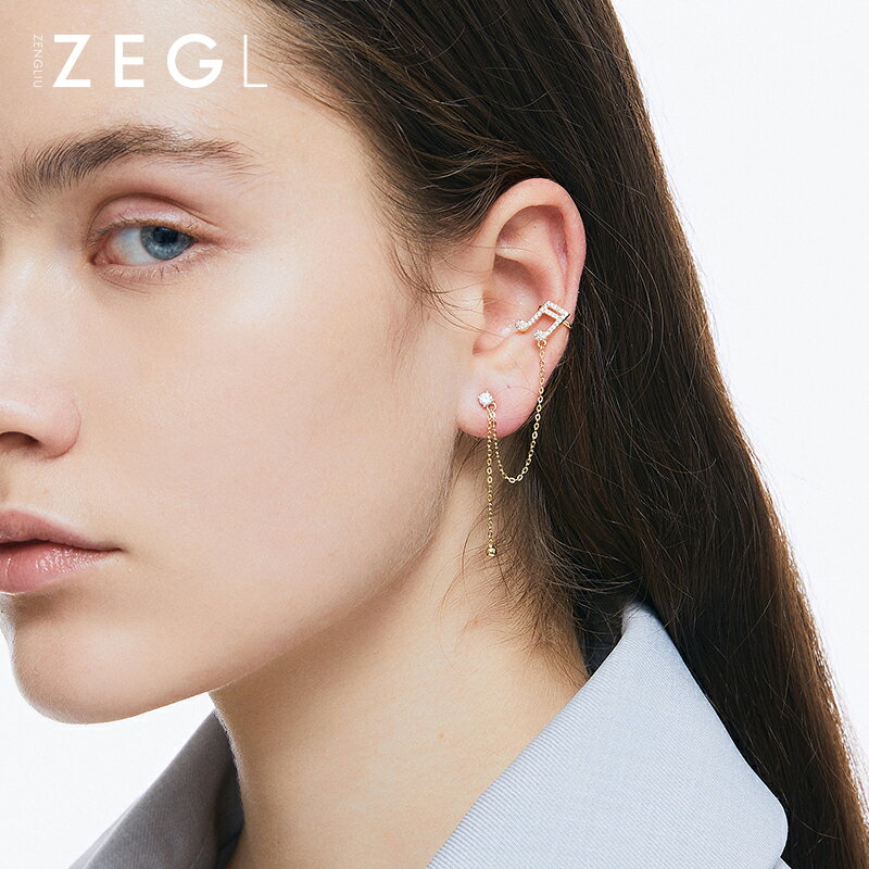 ZEGL音符耳釘女小眾設計感耳骨夾耳環一體式925銀針不對稱耳飾品