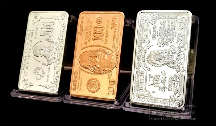 3枚全套 美國美元金銀塊5美元 100美元 500美元紀念金塊銀塊銅塊