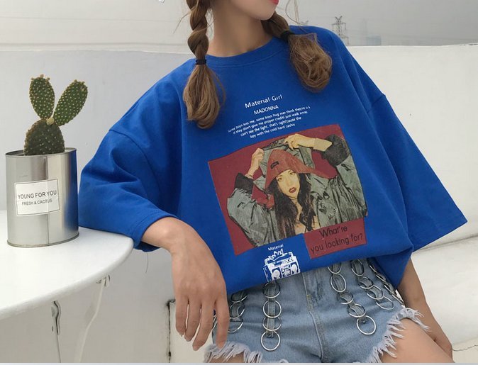 FINDSENSE H1 2018 韓國 夏季 原宿 嘻哈 人物印花 女大碼T恤 寬松百搭 圓領 短袖 五分袖 上衣潮