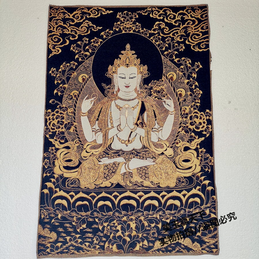 西藏藏傳佛像唐卡織錦畫像 客廳裝飾掛畫刺繡黑金四臂觀音菩薩像
