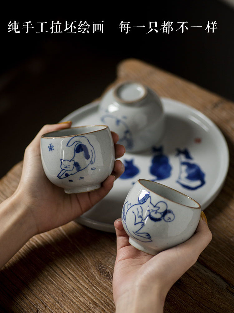 功夫道貓肥家潤主人杯手繪釉下青花杯大杯大茶杯粗陶茗杯個人杯| 協貿