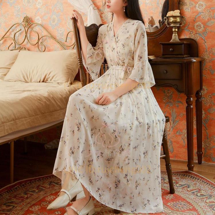 連身裙洋裝短袖雪紡收腰顯瘦長款森系碎花仙女裙女裝夏裝【聚寶屋】