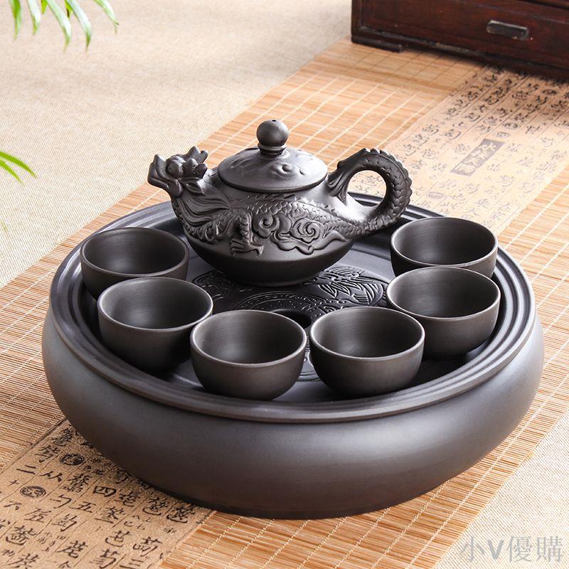 紫砂功夫茶具套裝現代家用簡約圓形茶盤泡茶整套陶瓷茶壺茶杯