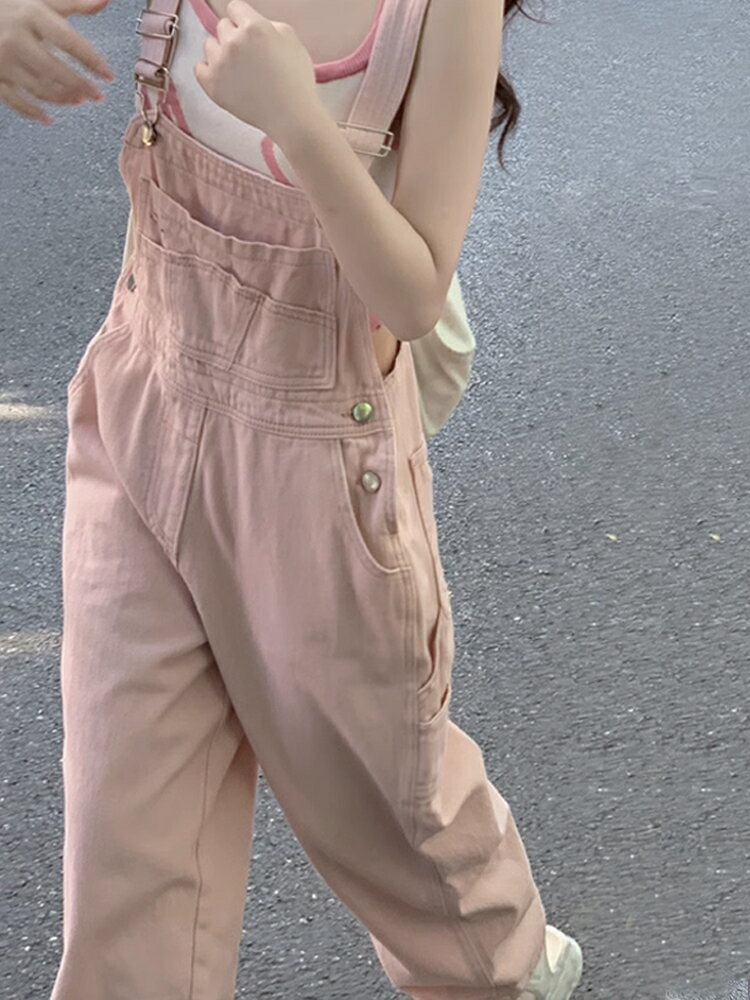 奶系牛仔背帶褲女夏季2024新款粉色小個子洋氣減齡寬松休閑直筒褲【淘夢屋】