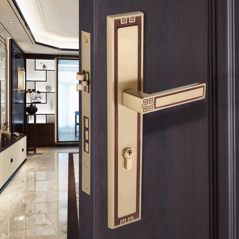 新中式靜音純銅入戶室內中式仿古房間套裝把手實木家用雙開大門鎖