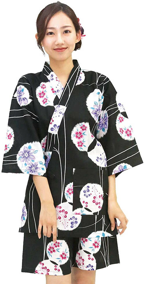 Nishiki【日本代購】和式清涼居家服 睡衣 上下套裝 棉100% - 漆黒地丸輪