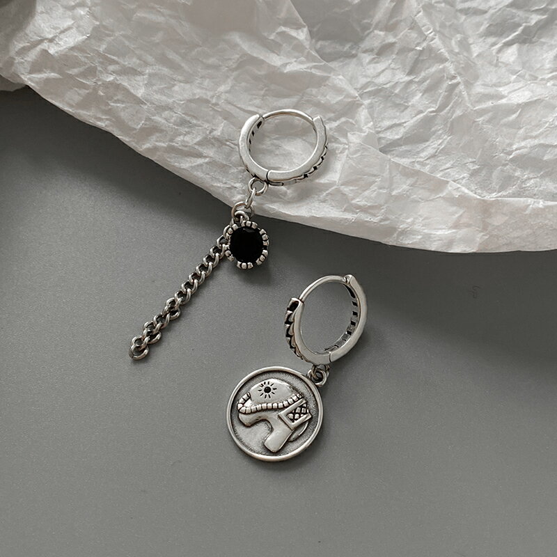 925純銀小象圓牌耳環女復古泰銀做舊流蘇耳墜冷淡風耳扣甜酷耳飾 1