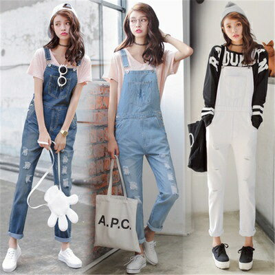 女生牛仔褲推薦，牛仔吊帶褲推薦到現貨+預購 牛仔吊帶褲休閒長褲大碼寬褲直筒褲落地褲休閒女裝-韓版水洗磨砂破洞女褲子3色73eo59【獨家進口】【米蘭精品】