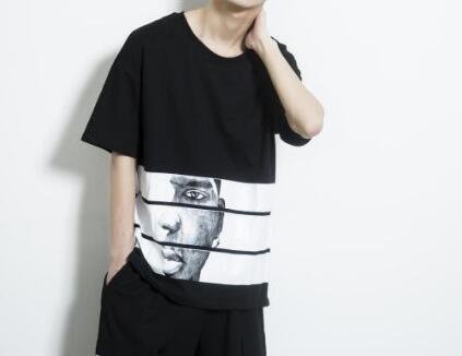 FINDSENSE MD 韓國 潮 男 時尚 側拉鏈 人物頭像圖案 短袖T恤 人物圖案T 特色T恤