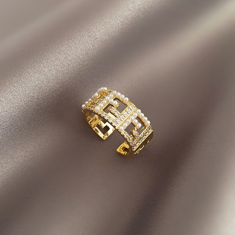 輕奢微鑲珍珠戒指女小眾設計復古方形時尚個性開口戒指ins潮