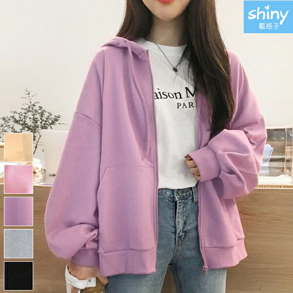 原宿風‧純色寬鬆大口袋內絨連帽長袖外套- shiny藍格子【V3034】