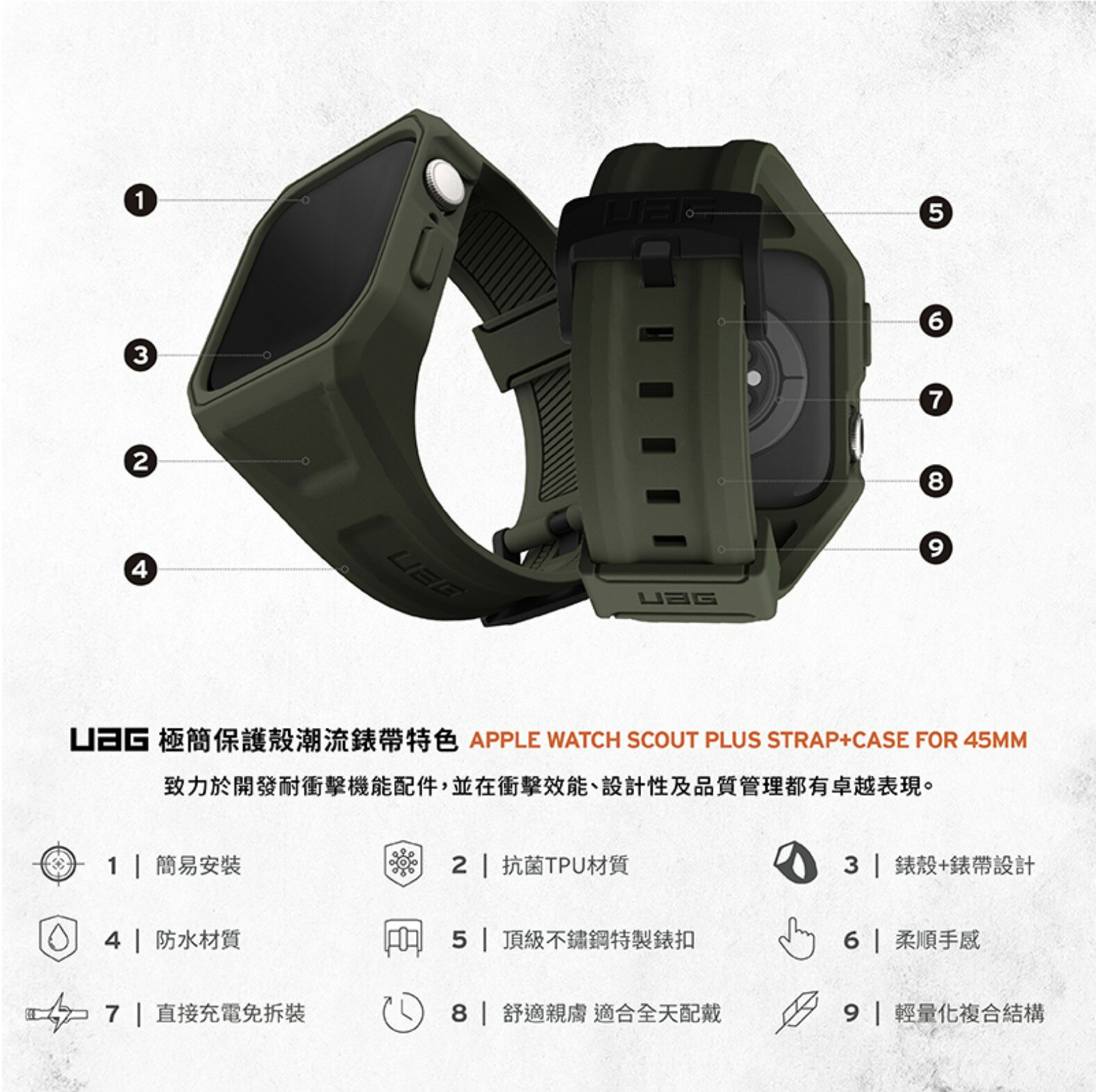 UAG 一體成型 矽膠 極簡 保護殼 潮流 錶帶  適用 Apple Watch 45mm 5