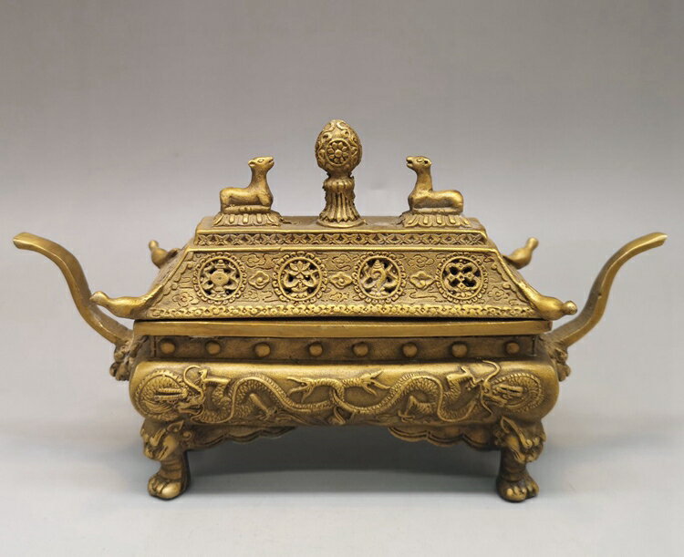 古玩銅器收藏 黃銅擺件 居家裝飾 雙龍香爐 藏式花紋熏爐 四角爐