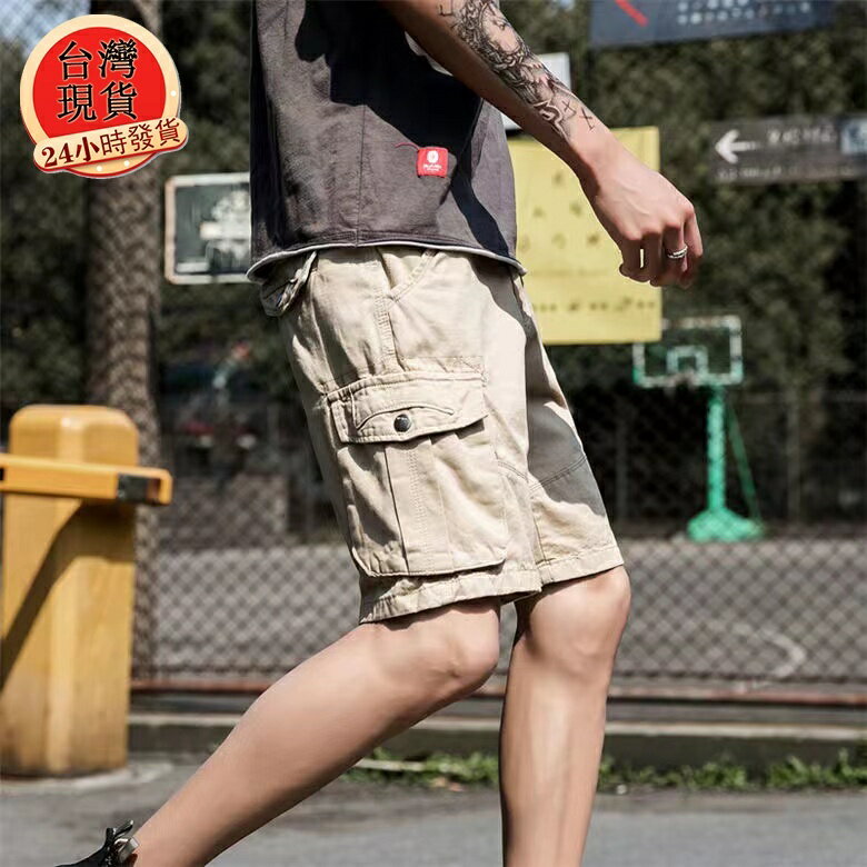 【臺灣現貨】可繫皮帶！高品質中厚款純棉工作短褲男 素面工裝短褲 男生短褲 高磅數布料五分褲 美式短褲 大口袋多層次工裝褲