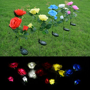 3頭太陽能玫瑰花燈戶外庭院點贊裝飾LED仿真花燈花園美化假花燈