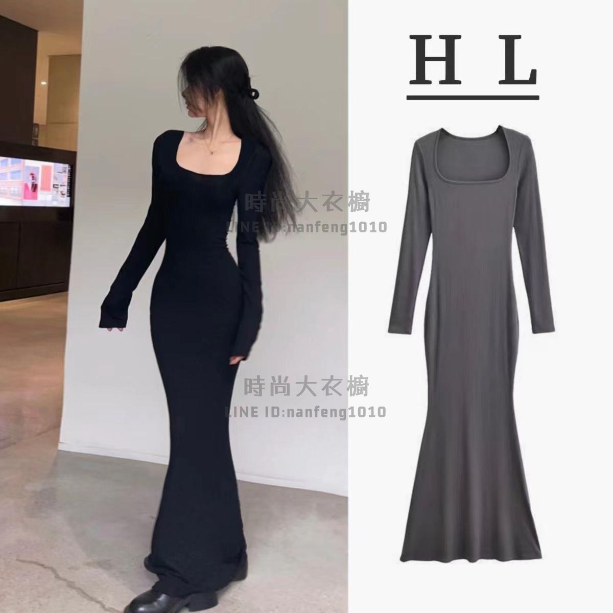 緊身包臀長袖洋裝魚尾連身裙女修身打底長款裙子【 大衣櫥】