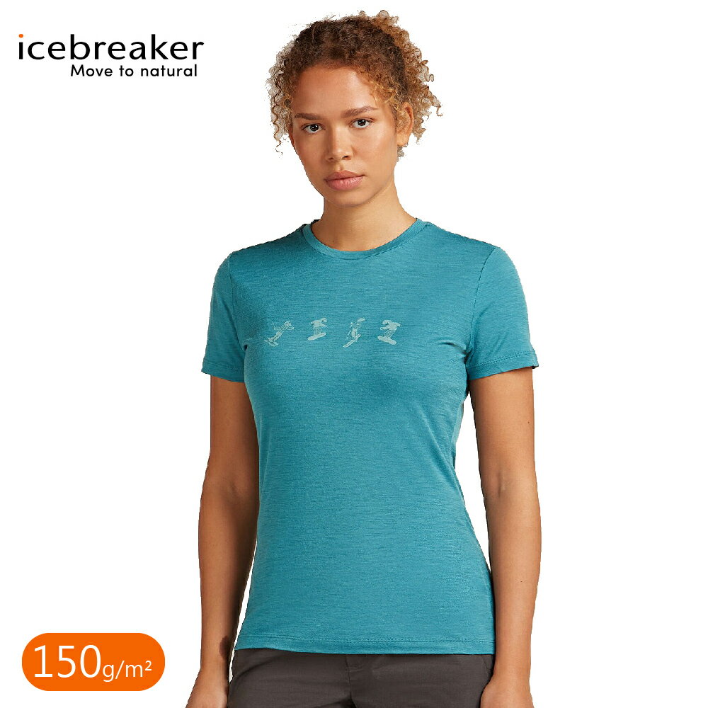 【Icebreaker 女 Tech Lite 圓領短袖上衣 (滑雪日記)150《湖水藍》】0A57CB/排汗衣/短T