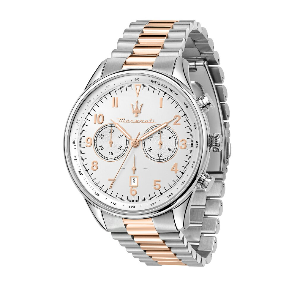 送禮首選★MASERATI 瑪莎拉蒂 經典玫瑰金銀面計時腕錶45mm(R8873646002) 附提袋【全館滿額折價★APP下單點數4倍送】線上購買享 實體門市同步服務