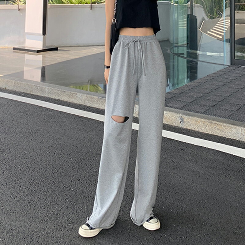 網紅褲子女ins超火高腰垂感闊腿褲女春秋裝新款休閑運動長褲