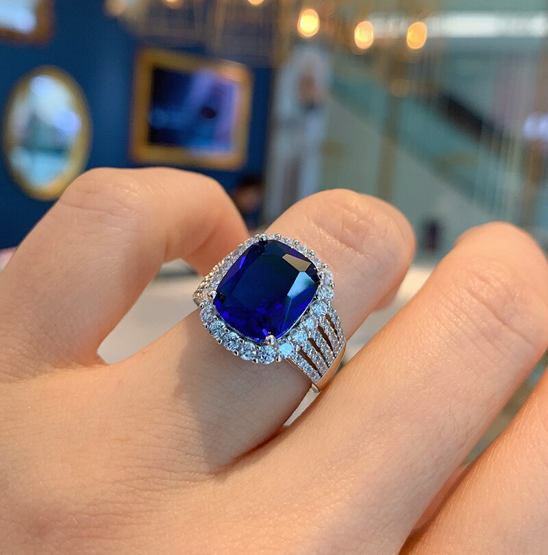 復古寬托人工皇家藍寶石戒指女鑲嵌高級感歐美食指夸張大