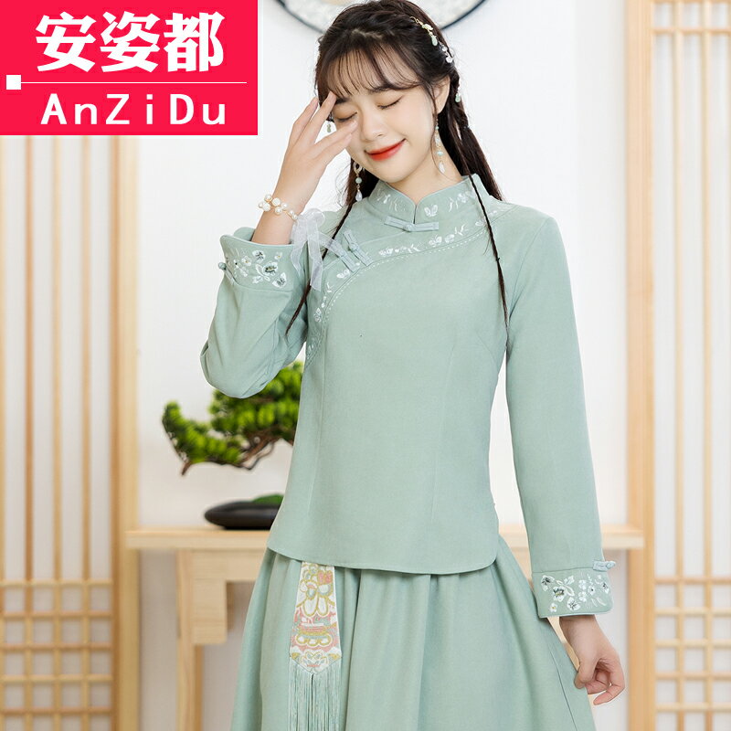 民國復古禪意茶服女秋冬唐裝女裝中國風盤扣套裝漢服改良旗袍上衣