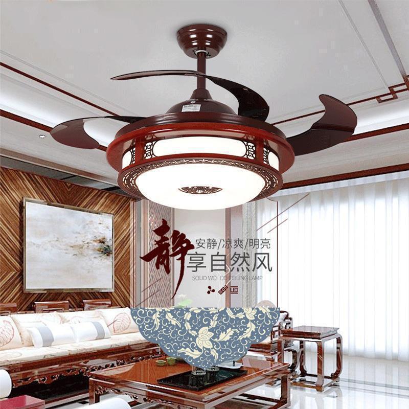 臺灣公司貨 免運 新中式隱形風扇燈 餐廳吊扇燈中國風禪式實木變頻靜音飯店裝飾燈 快速發貨