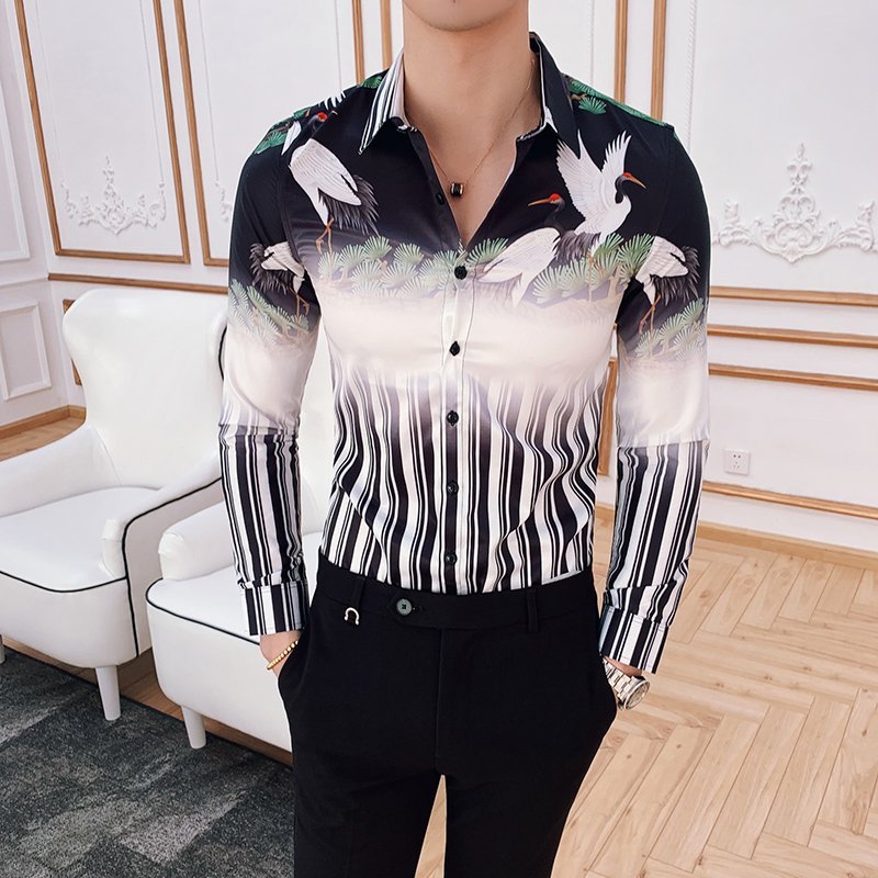 FINDSENSE 品牌 2019 新款 春季 仙鶴印花 條紋 個性 社會 男青年 長袖 免燙 襯衫