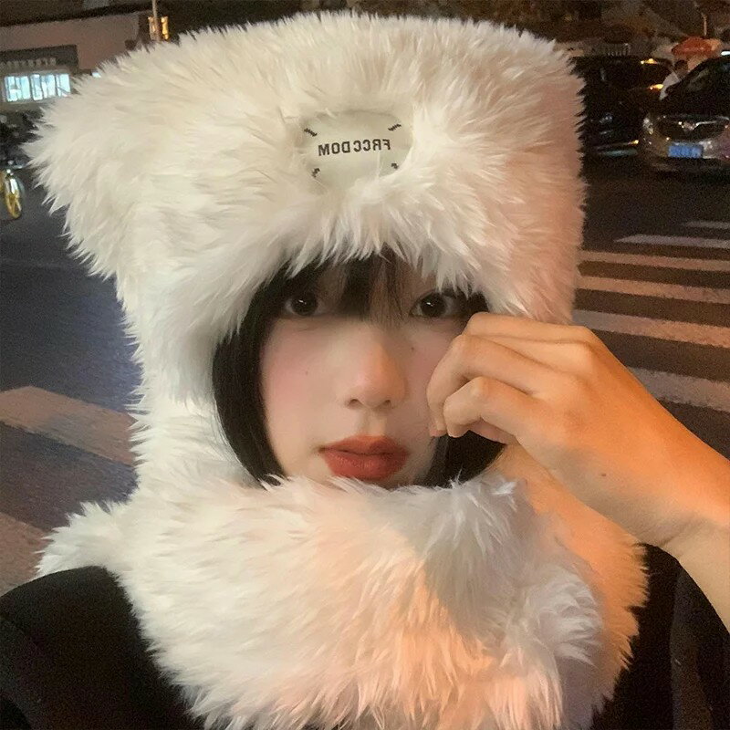 白色毛絨帽子圍巾一體女冬季保暖加厚加絨學生騎車保暖防寒圍脖潮