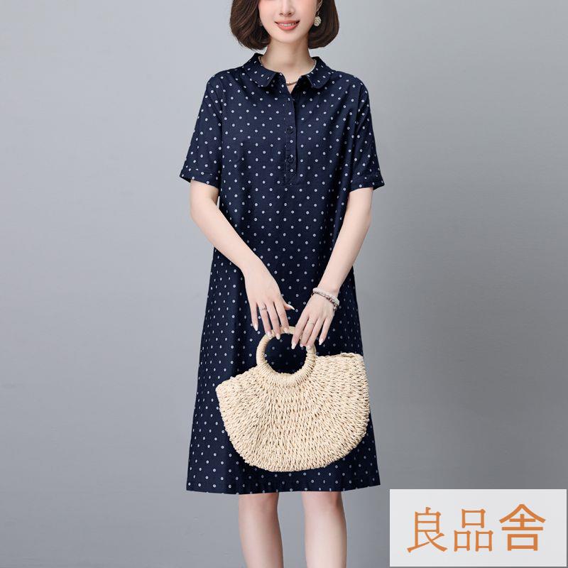 大尺碼洋裝 大尺碼裙子 大尺碼連身裙 棉麻連身裙女夏季薄款新款法式氣質設計感波點襯衫裙媽媽裙子 LPS/72 快速出貨 公司貨