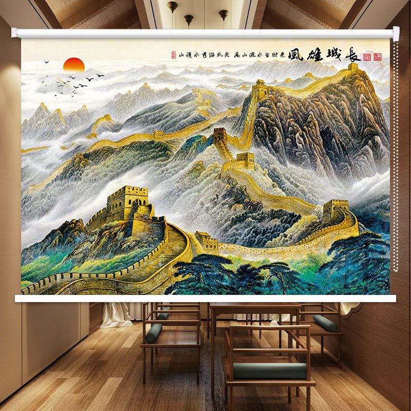 免運 窗簾 門簾 可客製化尺寸 新款手拉電動全遮陽卷簾窗簾山水畫辦公室背景卷拉式升降防水拉簾特惠/快速出貨m097特惠/快速出貨Z097