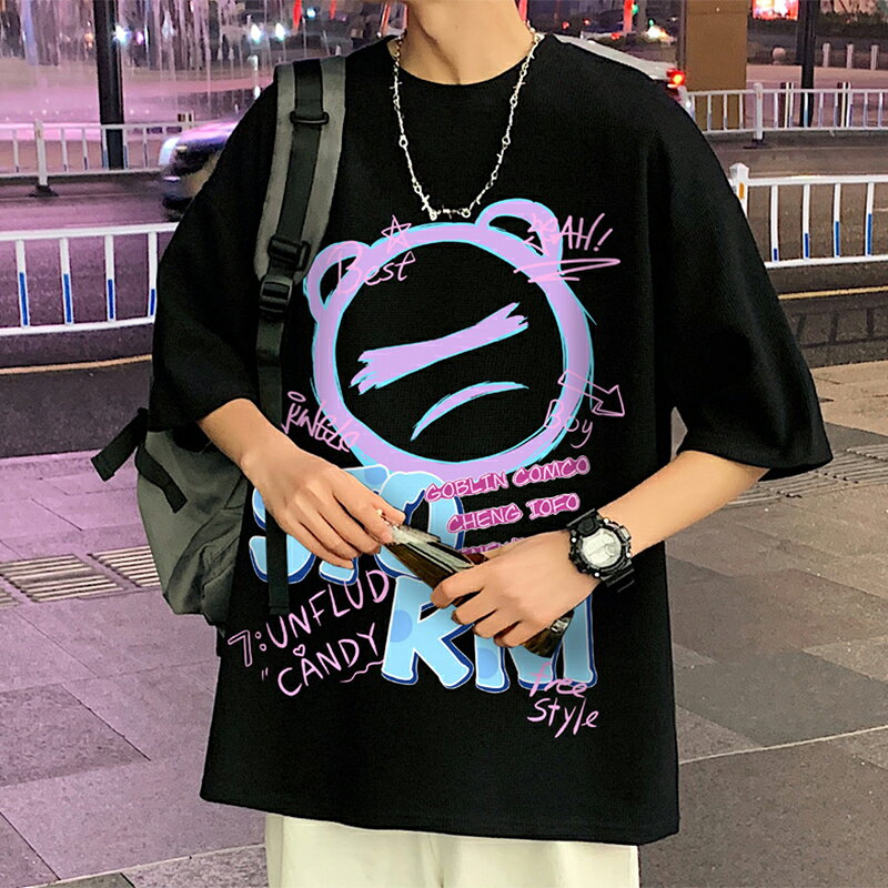 美式塗鴉華夫格t恤ins潮牌重磅短袖oversize設計感小眾小領口半袖