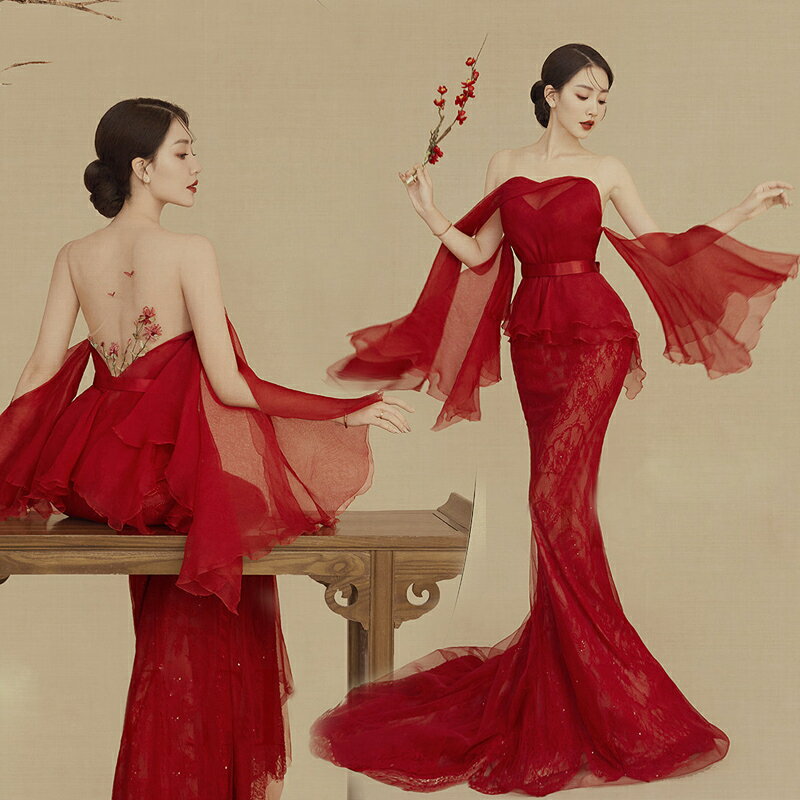 影樓新款主題拍照服裝情侶婚紗復古紅色工筆畫風露背收腰魚尾禮服