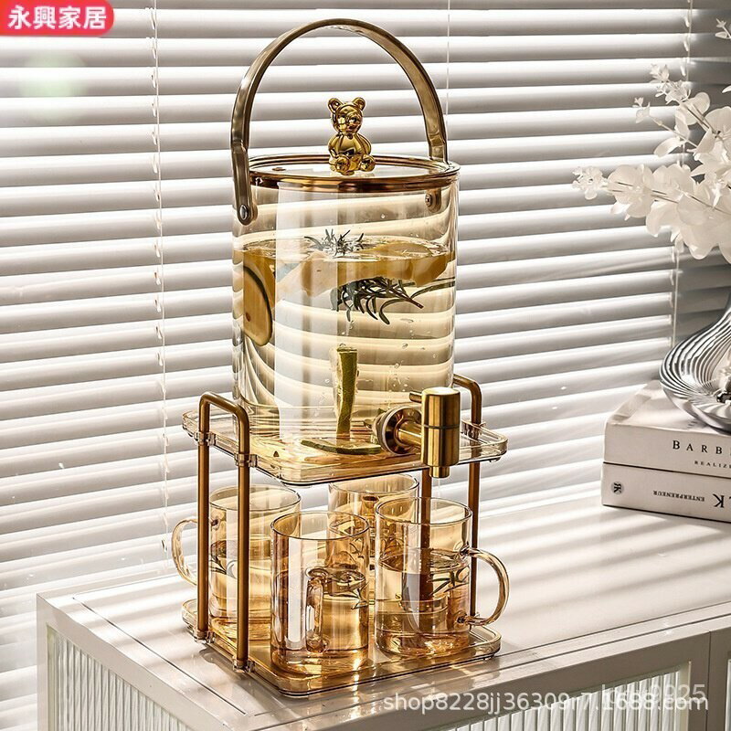 輕奢風 輕奢玻璃冷水壺帶龍頭水桶套裝大容量傢用涼水壺水果茶可樂飲料桶水壺套裝 冰箱飲料桶 可樂桶 冷水壺組 奶茶桶 冰箱