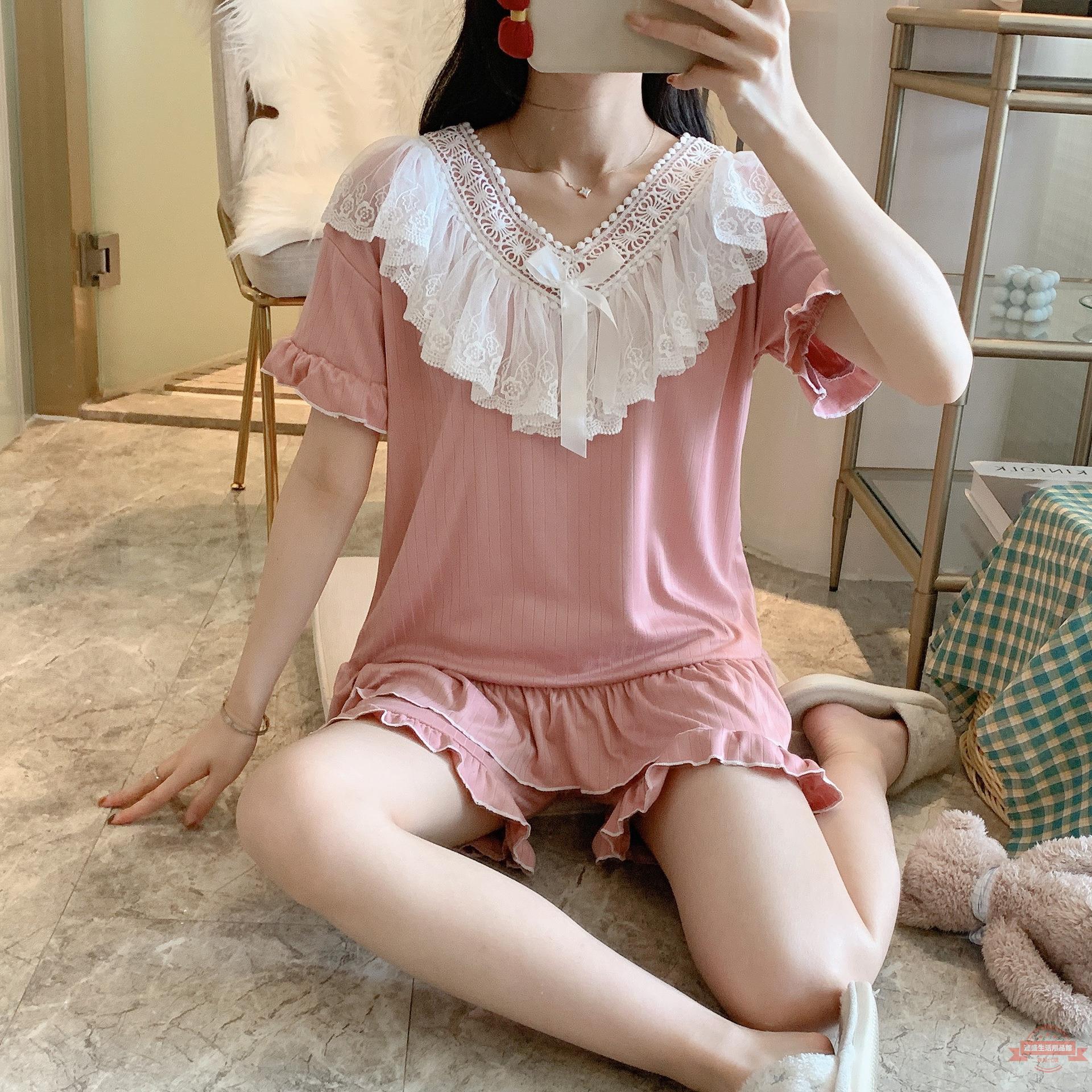 睡衣女夏季短袖薄款套裝新款公主風宮廷蕾絲花邊春秋天家居服夏天