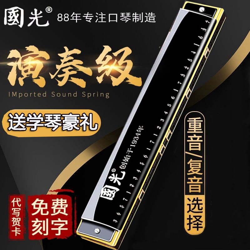 德國進口音簧國光口琴 專業演奏級28孔重音高階成人初學者復音c調