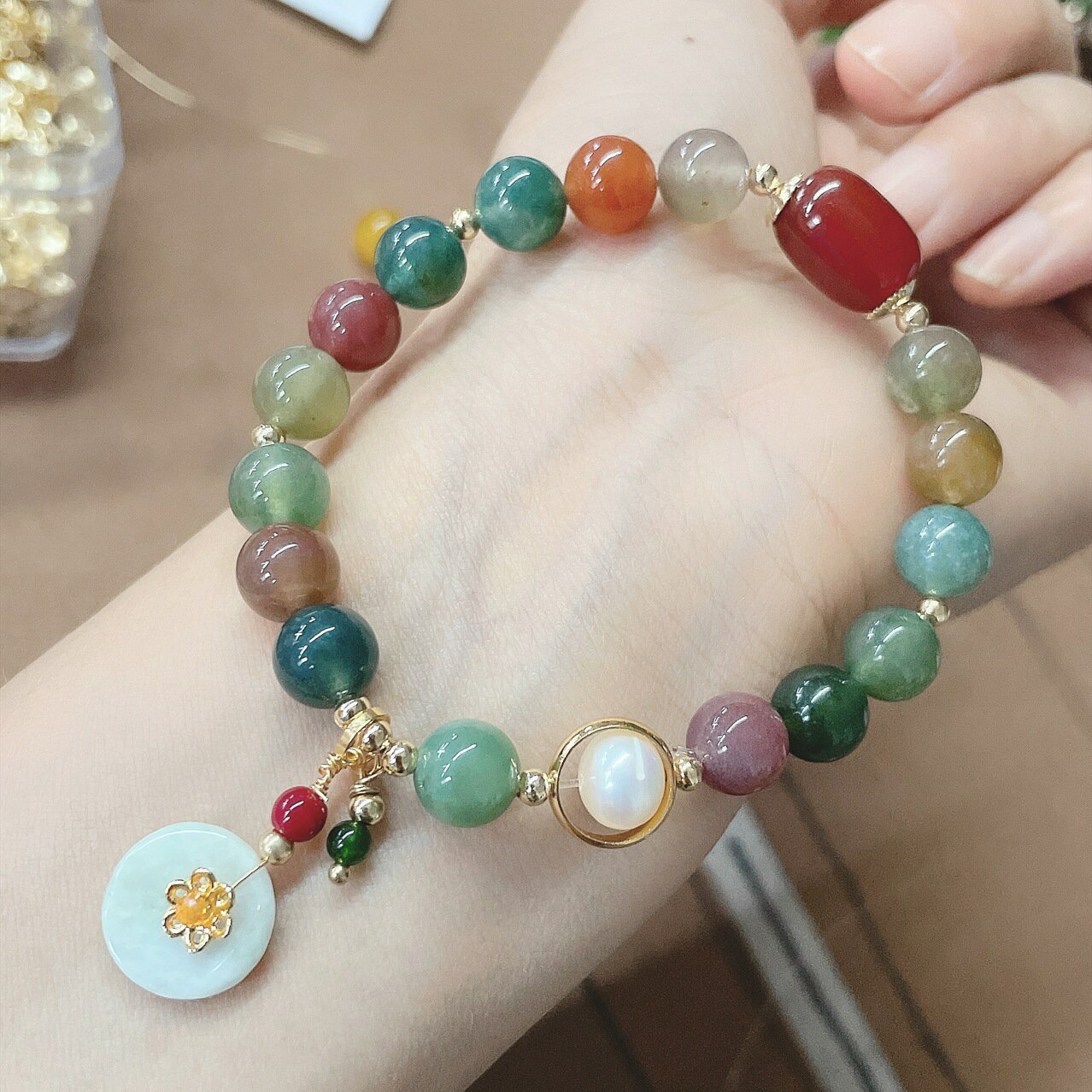 新款翡翠玉石手鏈女天然珍珠瑪瑙和田玉髓手串韓版簡約個性手飾品