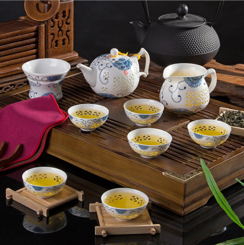 景德鎮陶瓷青花玲瓏茶具套裝家用功夫茶具中式泡茶壺茶杯禮品盒