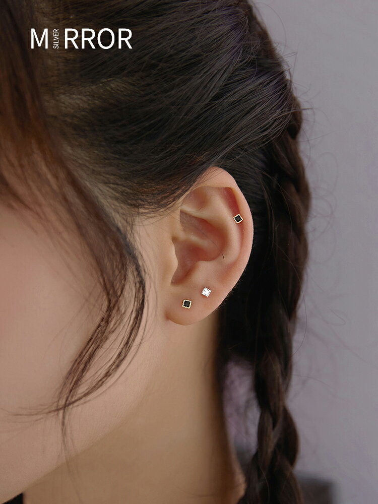 小麋人925方塊耳釘純銀耳環女年新款潮ins耳飾個性養耳洞耳棒