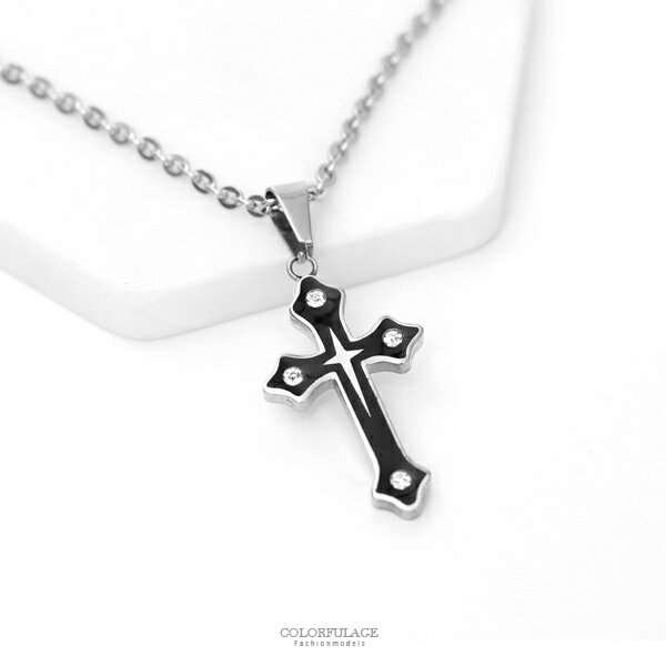 項鍊 黑色十字架水鑽鋼製項鍊 個性時尚【NB813】