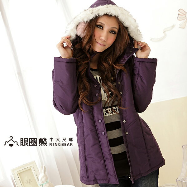 鋪棉外套--寒冷天氣的最佳造型單品-素面毛邊連帽鋪棉大衣/外套(黑.咖.紫M-2L)-J45眼圈熊中大尺碼