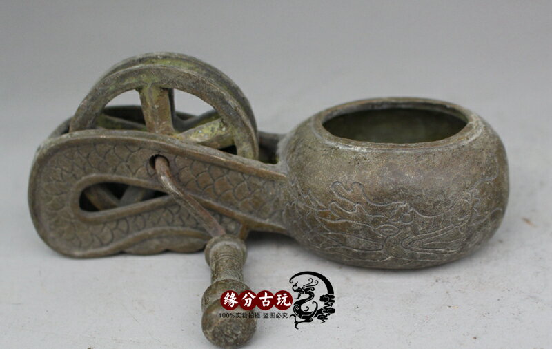 古玩古董雜項仿古做舊銅器 黃銅龍墨斗老墨斗 家居裝飾收藏擺件1入