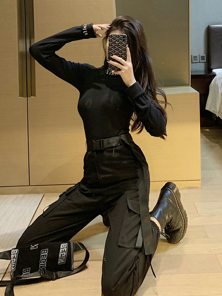 機能風黑色工裝褲女顯瘦高腰帥氣美式小個子超火束腳褲套裝潮ins 協貿