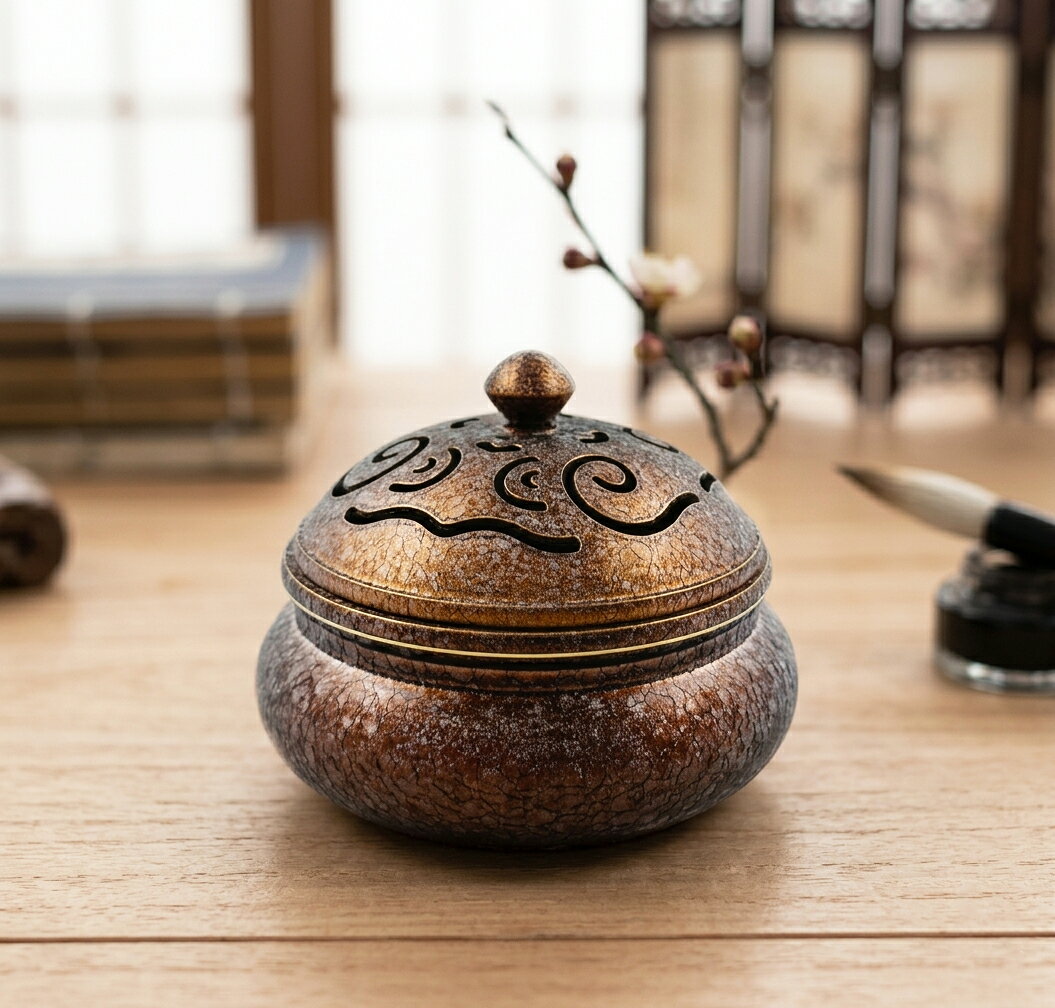 【器具用品】小盤香爐 盤香爐座 冰花紅棕色 立體冰裂紋理 祥雲鏤空設計