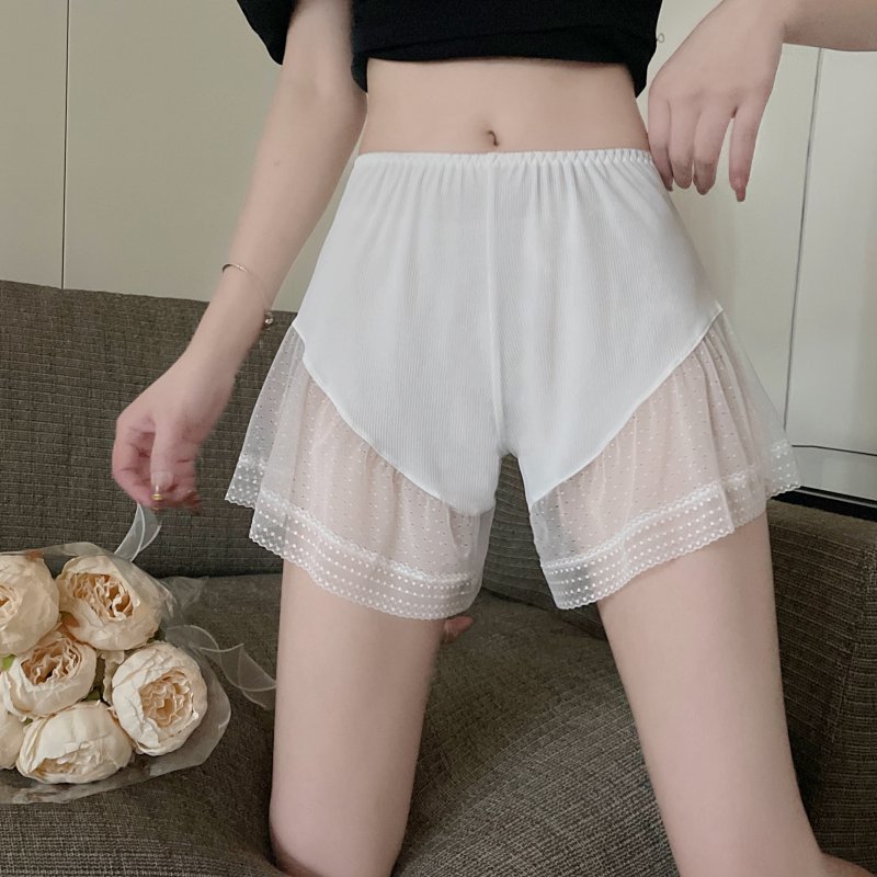 性感網紗拼接安全褲女夏季小個子高腰闊腿短褲寬松薄款白色打底褲