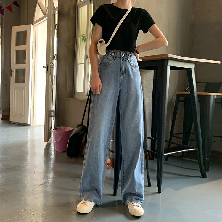夏裝韓國時尚百搭拖地長褲寬松高腰闊腿褲顯瘦剪邊牛仔褲女學生1入