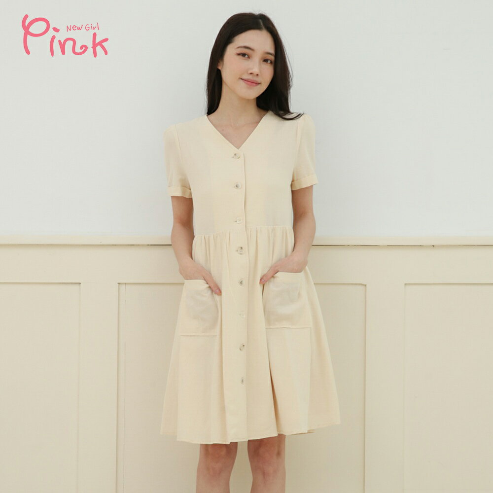 Pink*V領排扣雙口袋短袖洋裝 Q4102PD
