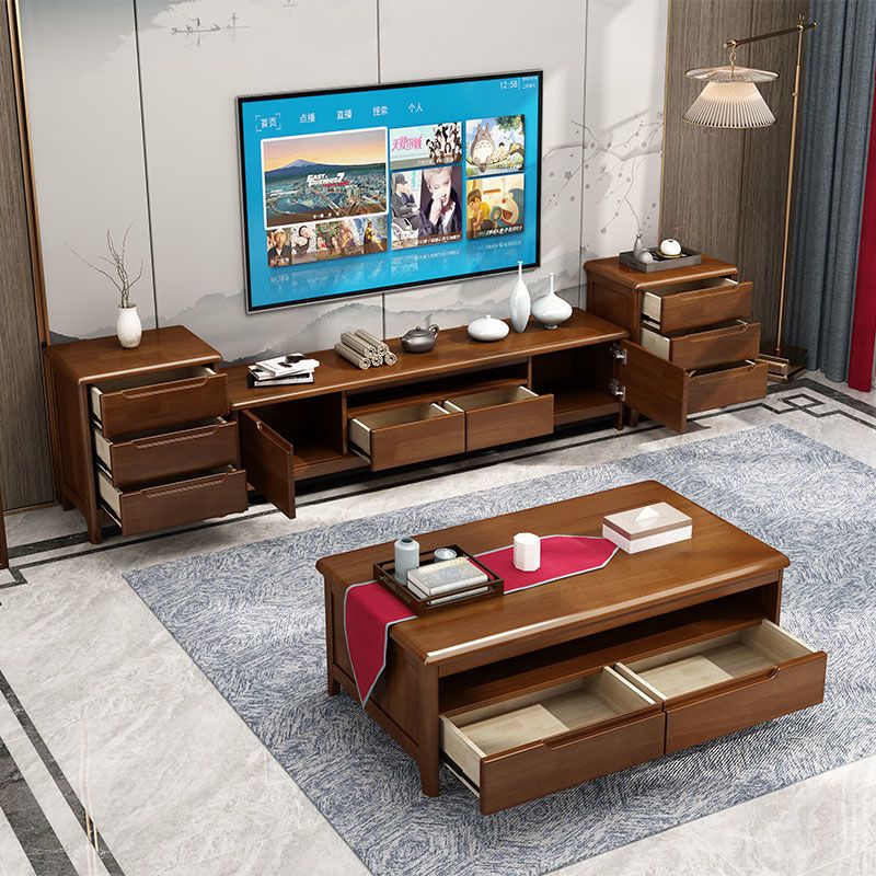 北歐實木電視柜茶幾組合現代簡約小戶型中式電視機柜家用客廳地柜