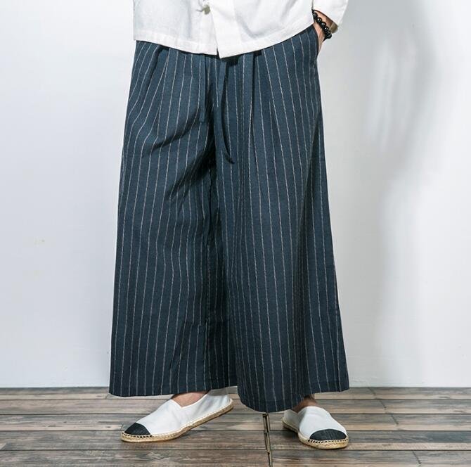 FINDSENSE Z1 日系 流行 男 時尚 超大寬鬆 舒適 亞麻 細條紋 休閒長褲 寬管褲