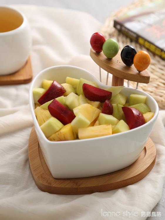 創意干果盤陶瓷沙拉碗帶叉家用水果盤碗北歐客廳糖果盤小吃點心盤【四季小屋】